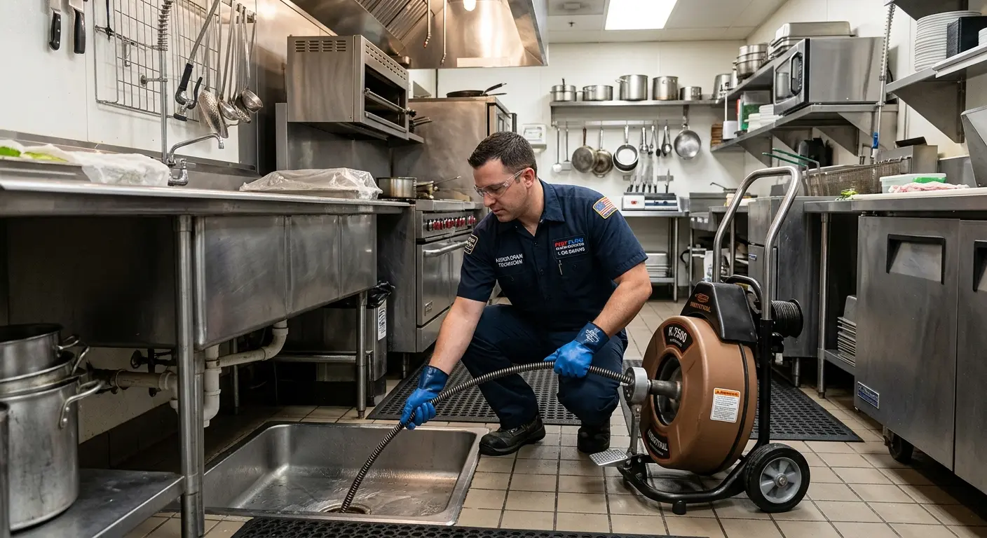 Commercial drain cleaning service in a restaurant kitchen in Groveland