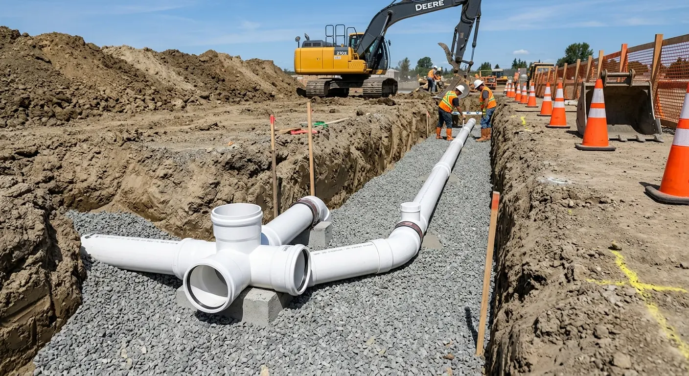 New PVC sewer pipe installation in open trench for Sewer Backup in Groveland