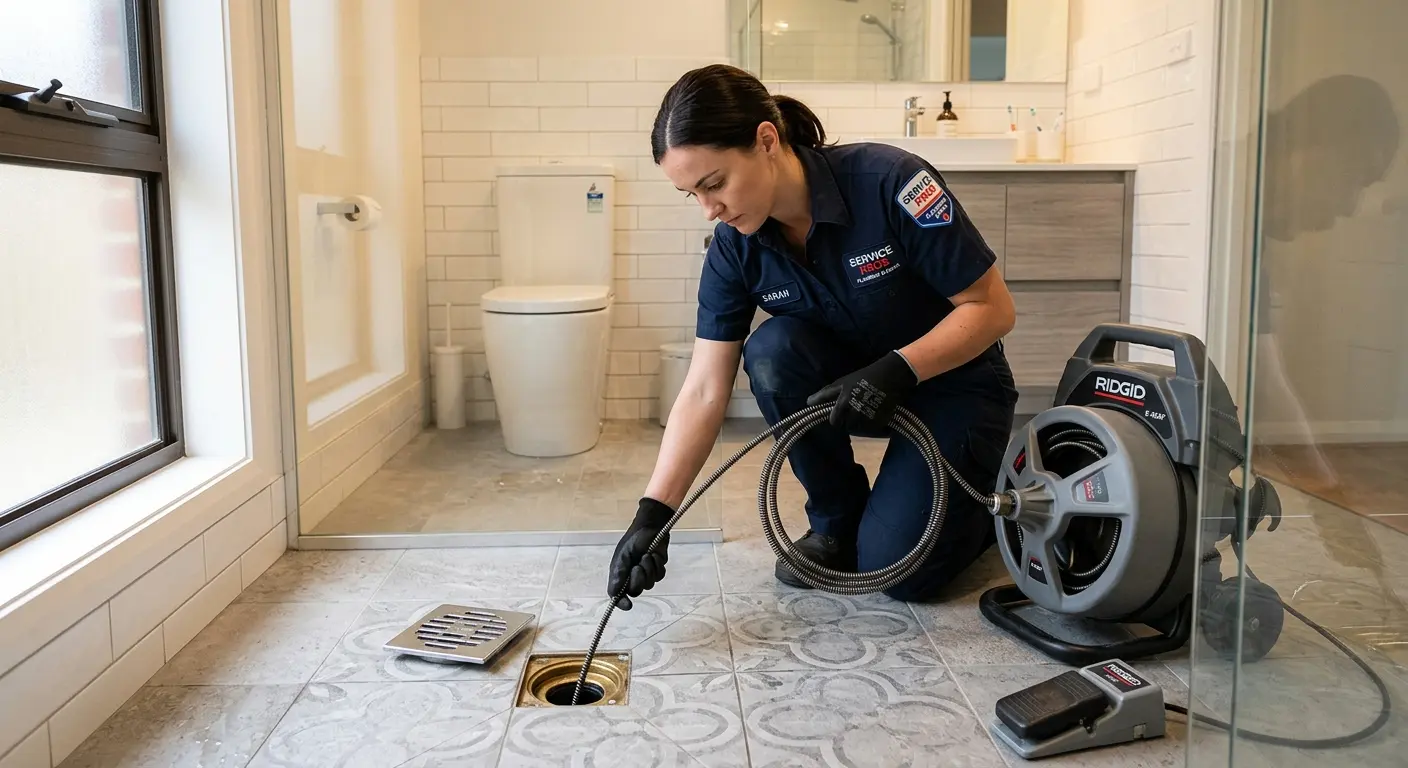 Technician clearing a bathroom floor drain for Sewer Line Installation in Groveland